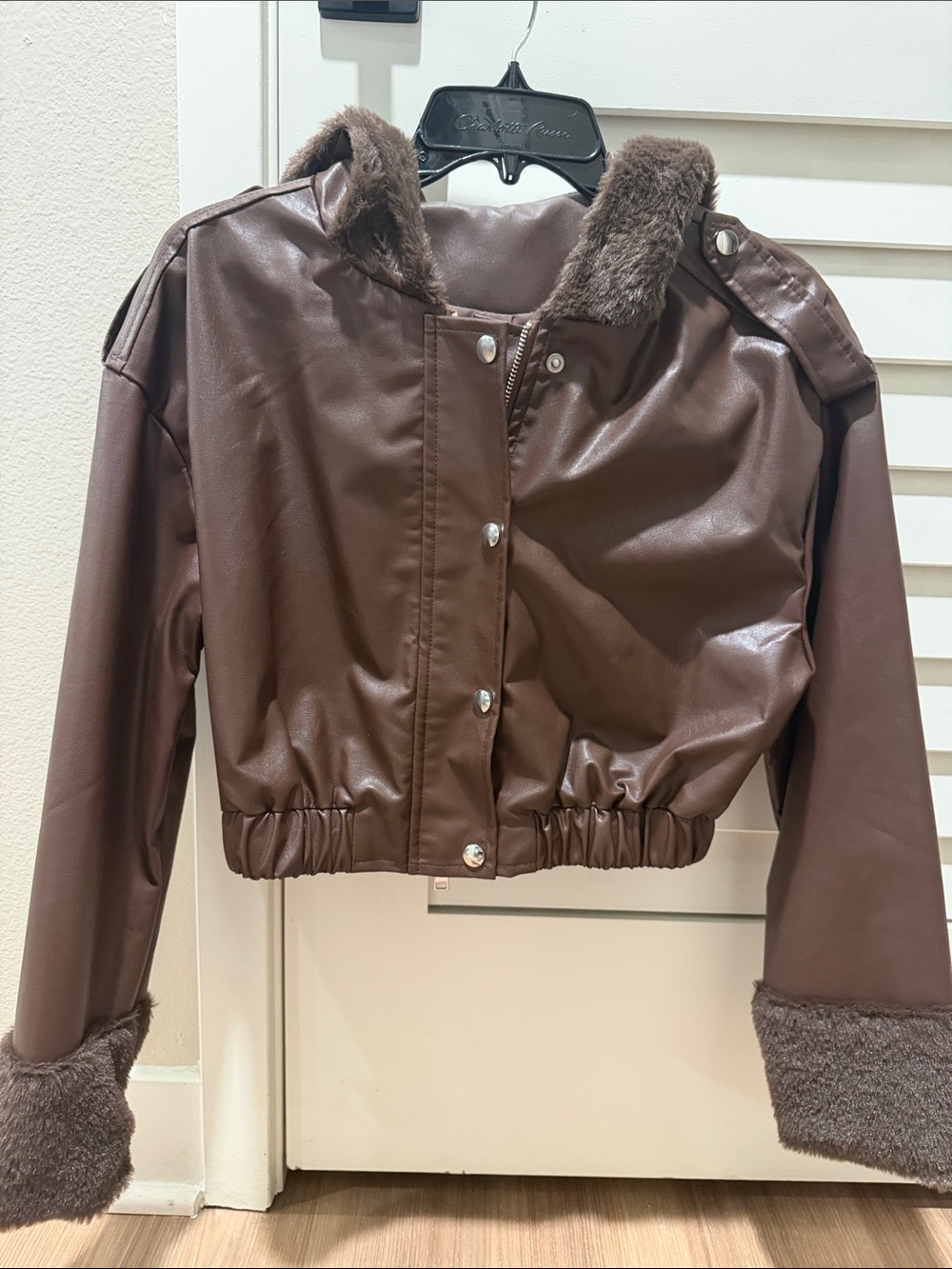 SHEIN Chocolate Brown Faux Leather Cropped Bomber with Faux Fur Trim